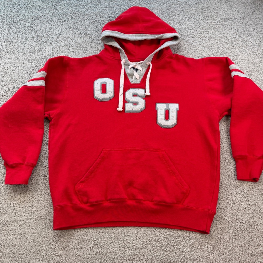 Ohio State Buckeyes OSU Hockey Lace Up Hoodie Red Grey Mens Large NCAA Universit